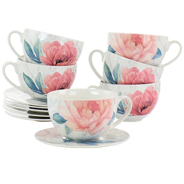 MARTHA STEWART 18 oz. White Ceramic Flora Cup and Saucer (Set of 6)