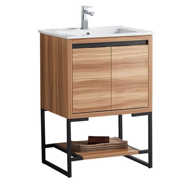 HBEZON JIM 24 in. W x 18.31 in. D x 35 in. H Floating Bath Vanity in Maple with White Integrated Ceramic Top 2 Doors & 1 Shelf