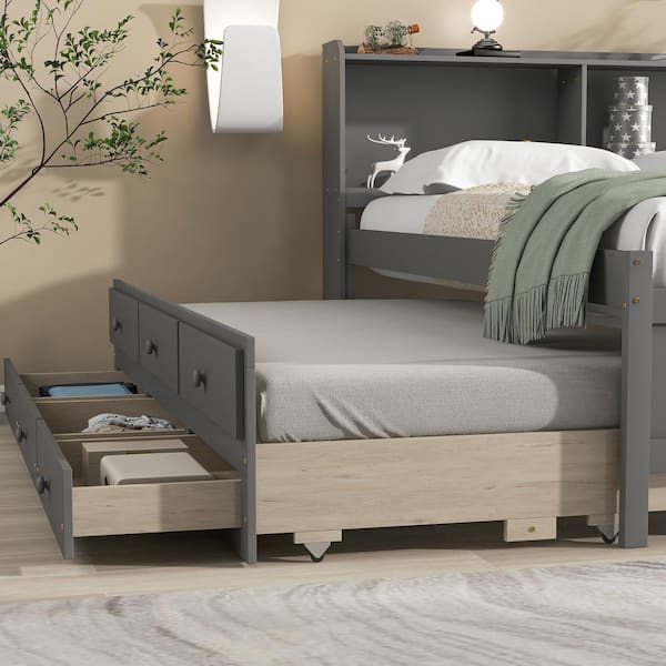 Modern Gray Full Size Bed with Twin Size Trundle, Wooden Platform Bed with 3-Storage Drawers, No Box Spring Needed, Kids