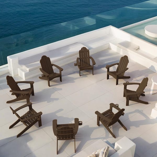 LUE BONA Recycled Coffee Brown HDPS Folding Plastic Adirondack Chair Weather Resistant Patio Plastic Fire Pit Chairs(Set of 8)