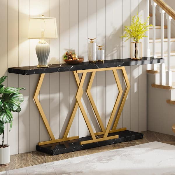 BYBLIGHT Turrella 70.9 in. Gold White Wood Long Console Table