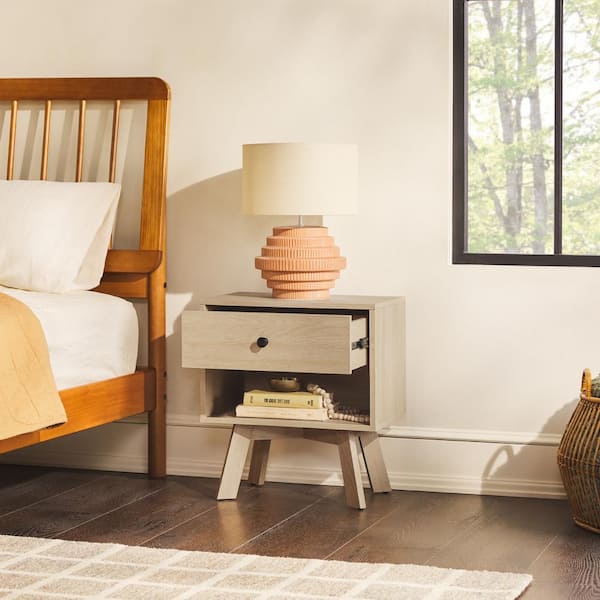 1-Drawer Coastal Oak Wood Mid-Century Modern Storage Nightstand