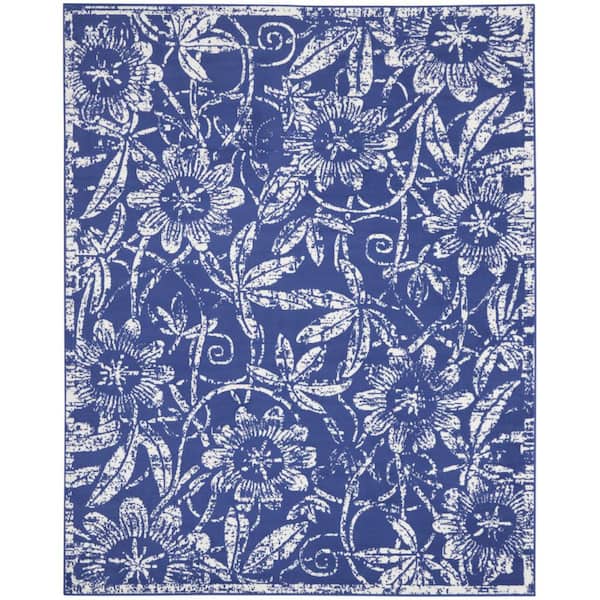7 ft. x 10 ft. Blue Floral Distressed Non Skid Area Rug