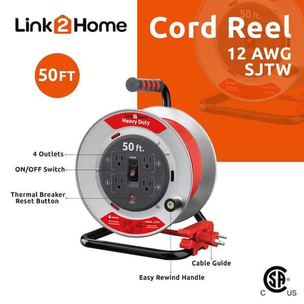 Link2Home 50 ft. Heavy-Duty Professional Grade Metal Cord Reel - High  Visibility 12 AWG SJTW Extension Cord with 4 Power Outlets EM-CG-500E-DS -  The Home Depot