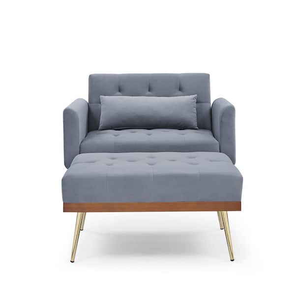ATHMILE 40 in. W Square Arm Velvet Straight Recline Sofa Chair with Ottoman in Gray