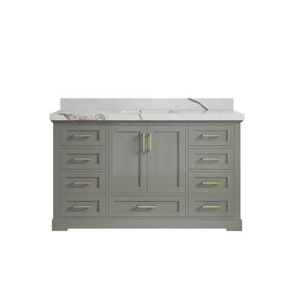 Willow Collections Boston 60 in. Single Sink Freestanding Evergreen Bath Vanity with Calacatta Gold Quartz Top Unassembled