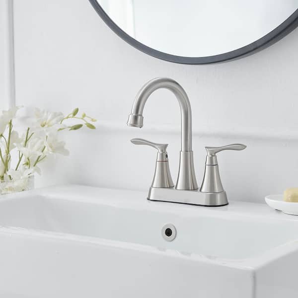 Easy Install 4 in. Centerset Double Handle Spot Resistant Bathroom Faucet with Drain Kit in Brushed Nickel