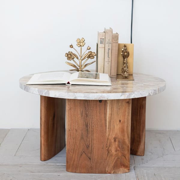 Storied Home 24 in. Tan Round Marble Coffee Table