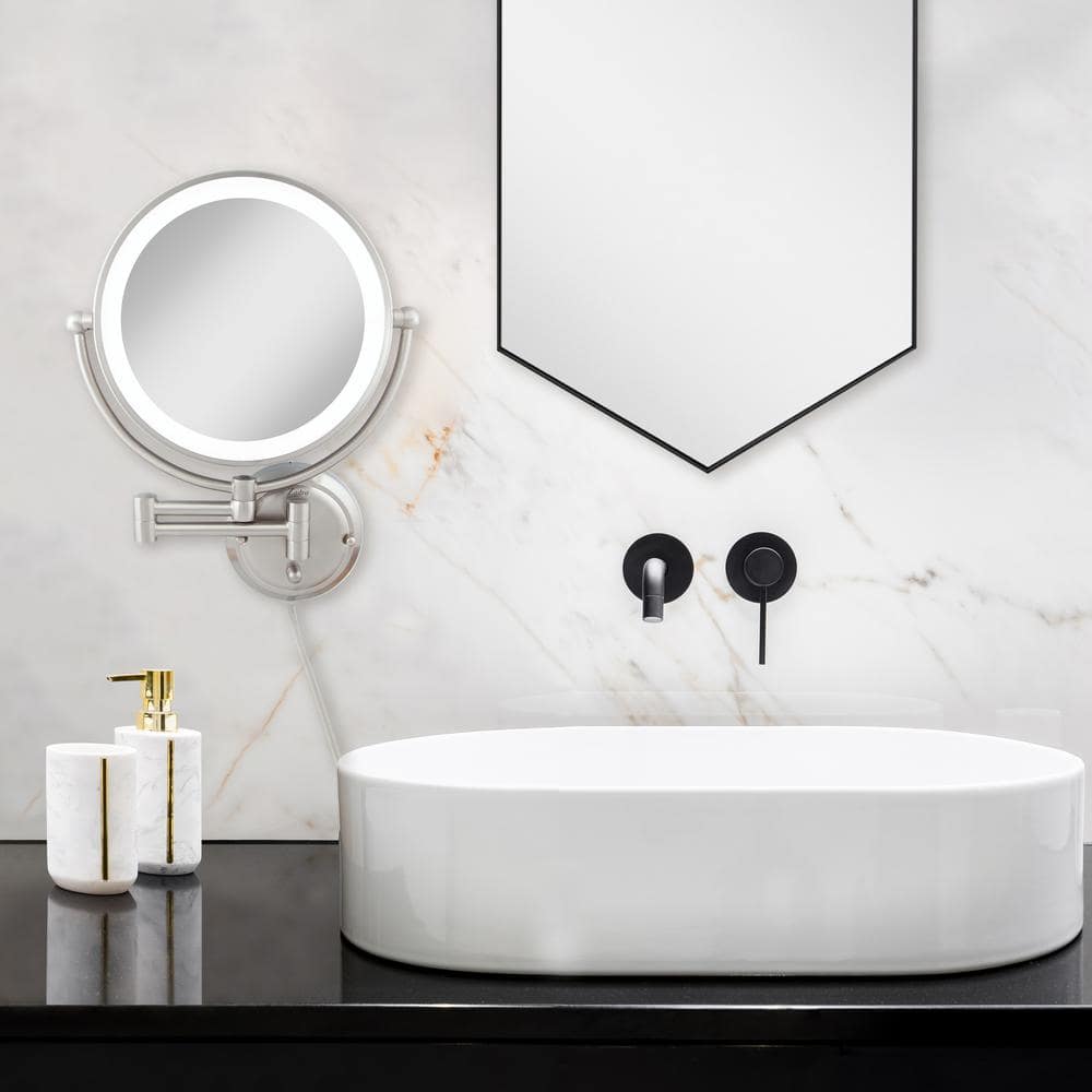 Satin Nickel 14" Dual-Sided 5X/1X Magnifying Wall Mirror with Adjustable Brightness