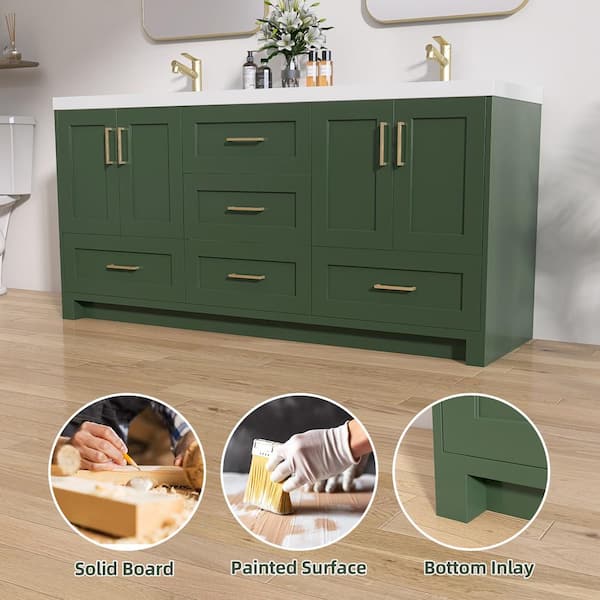 72 in. W x 22 in. D x 36 in.H Bathroom Vanity Double Sink Freestanding Bath Vanity Cabinet in Green with White Resin Top