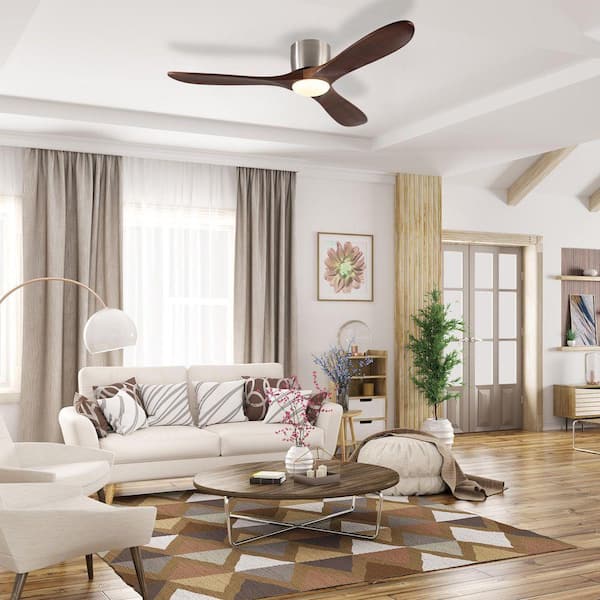 52in. Nickel Walnut Flush Mount Propeller Integrated LED Ceiling Fan with Light, 6 Speed and Timer, Solid Wood Blades