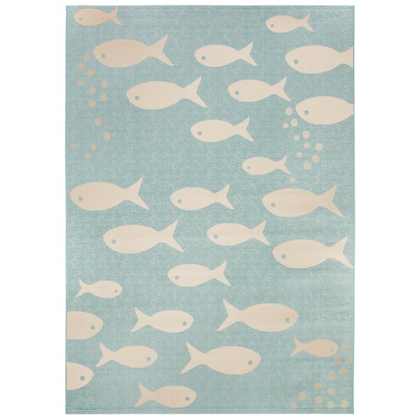 Courtyard Aqua/Beige 8 ft. x 11 ft. Geometric Indoor/Outdoor Patio  Area Rug