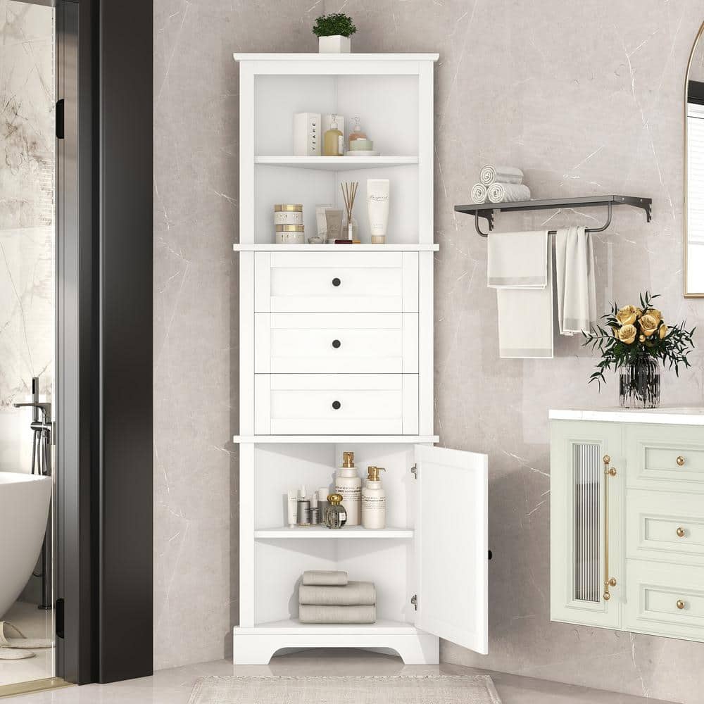 23 in. W x 13.4 in. D x 68.9 in. H White Linen Cabinet with 3-Drawers and A