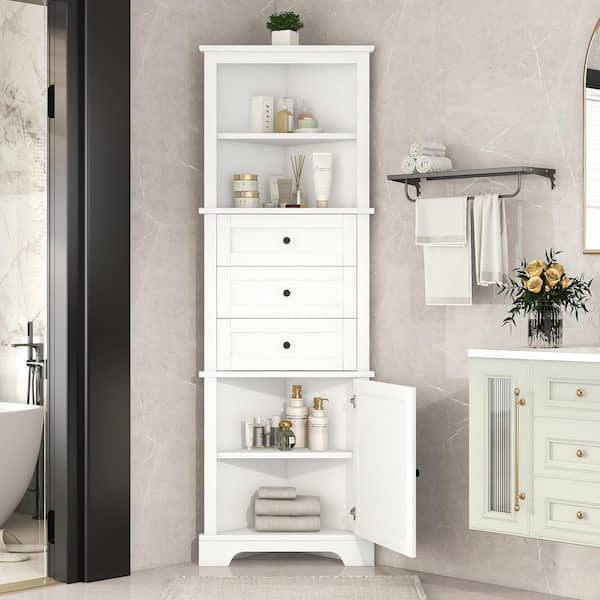 Unbranded 23 in. W x 13.4 in. D x 68.9 in. H White Linen Cabinet with 3-Drawers and Adjustable Shelves