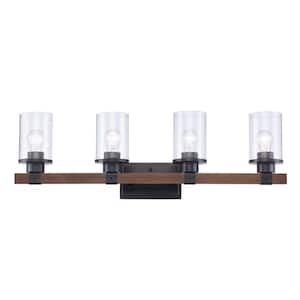 Siesta 32 in. 4-Light Oil Rubbed Bronze and Faux Wood Farmhouse Bathroom Vanity Light Fixture with Seeded Glass