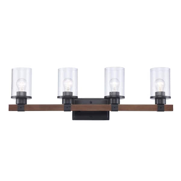 Bel Air Lighting Siesta 32 in. 4-Light Oil Rubbed Bronze and Faux Wood Farmhouse Bathroom Vanity Light Fixture with Seeded Glass