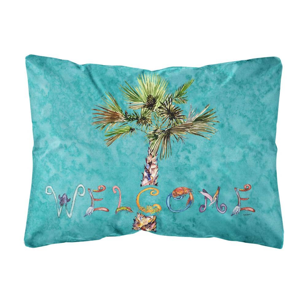12 in. x 16 in. Multi-Color Lumbar Outdoor Throw Pillow Welcome Palm Tree on Teal price history on PriceWatchPro
