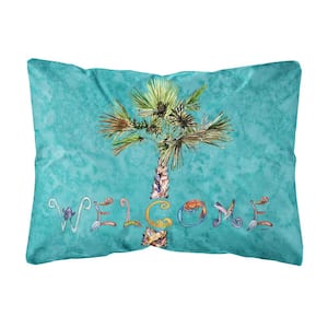 12 in. x 16 in. Multi-Color Lumbar Outdoor Throw Pillow Welcome Palm Tree on Teal