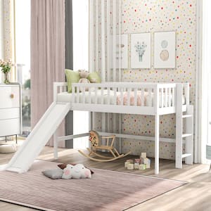 White Twin Size Low Loft Bed with Ladder and Slide