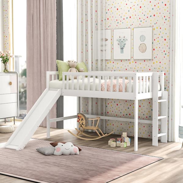 Harper & Bright Designs White Twin Size Low Loft Bed with Ladder and Slide