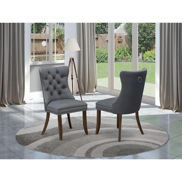 East West Furniture Antique Walnut, Parson Chairs - Platinum Gray Faux Leather Padded Dining Chairs, Set of 2