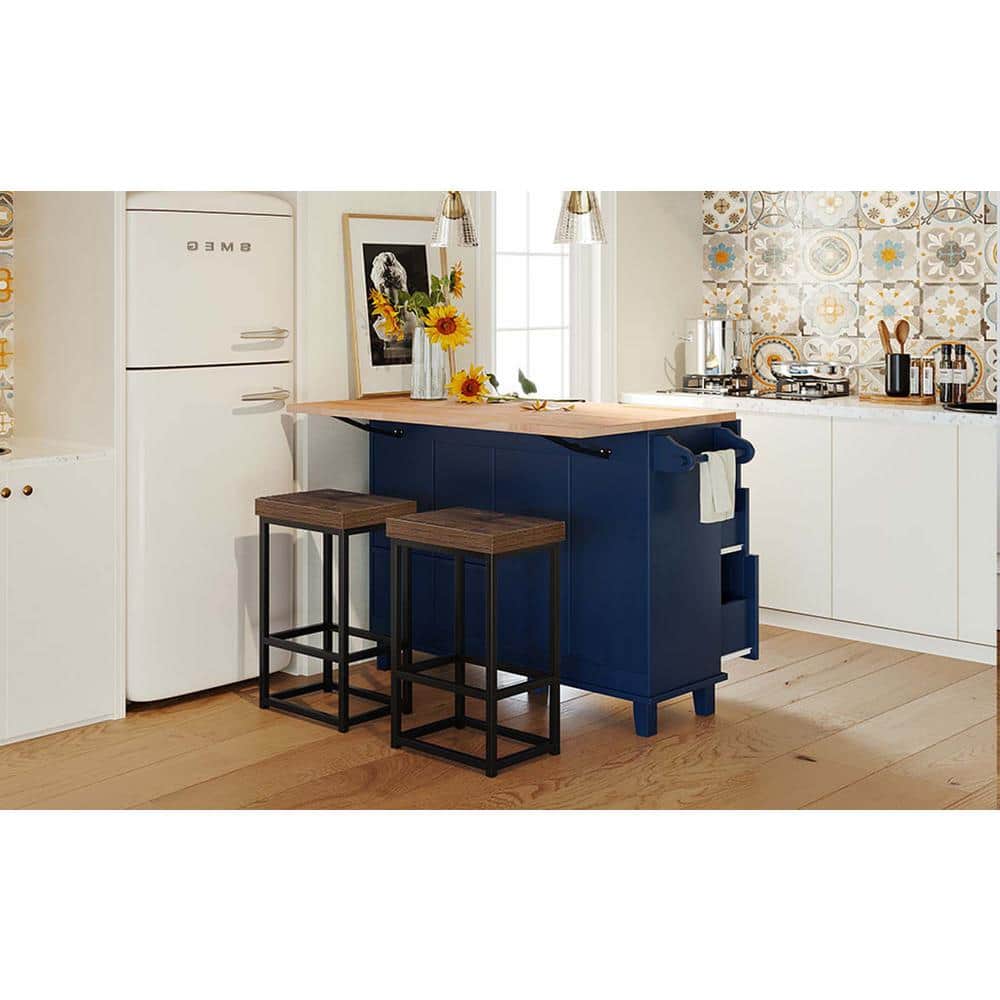 Blue Solid Wood Kitchen Island with Drawers and Storage Cabinet