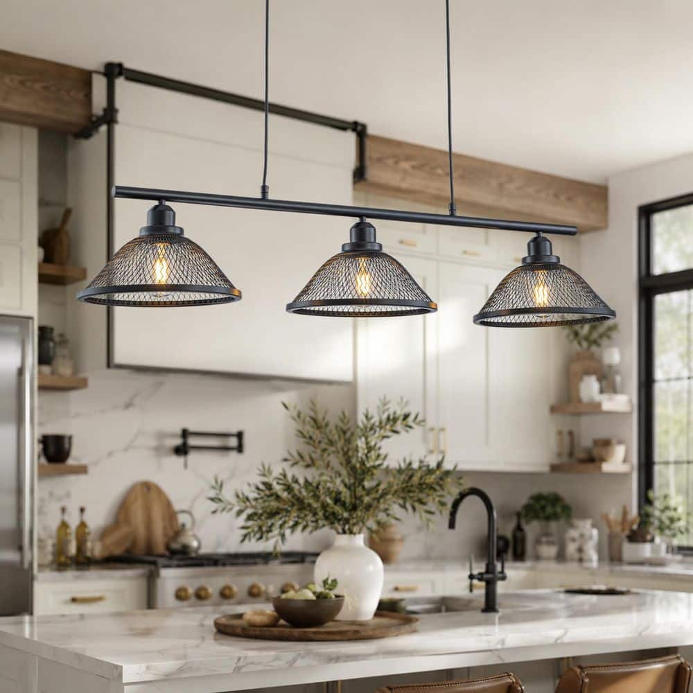 39.37 in. 3-Light Industrial Matte Black Linear Kitchen Island Pendant Light with Metal Mesh Dome Shade for Dining Room price history on PriceWatchPro