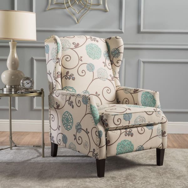 White and Multi Color Fabric Upholstered Recliner with Wing Back, Nailhead Trims, Solid Birch Legs