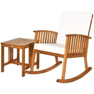 Acacia Wood Outdoor Rocking Chair Table Set Garden Leisure Rocking Chair with White Cushion and Side Table (2-Piece)