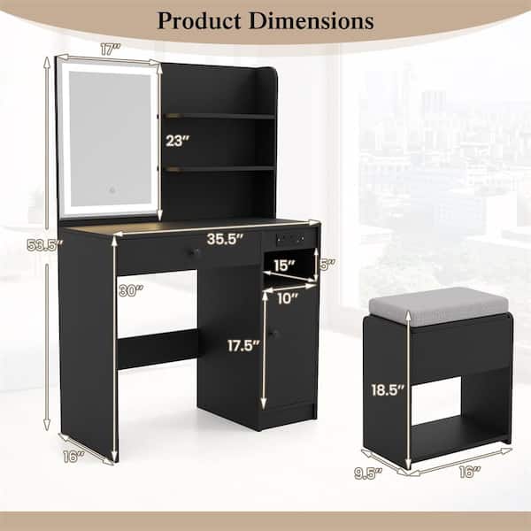 2-Piece Black Makeup Vanity Set with Mirror and Lights Power Outlet Cushioned Stool Drawer and Shelves