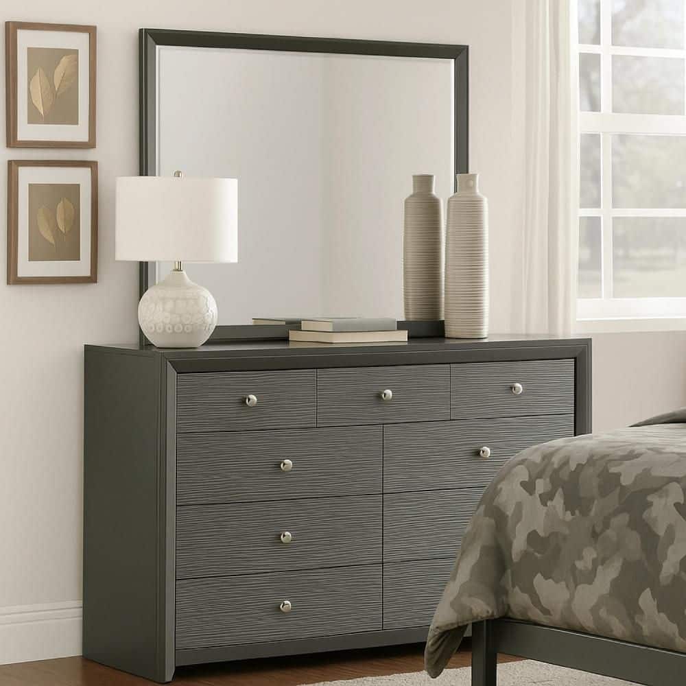 Benjara Deny Gunmetal Gray and Silver 9 drawer 55.1 in. Dresser with Mirror  BM338505 - The Home Depot