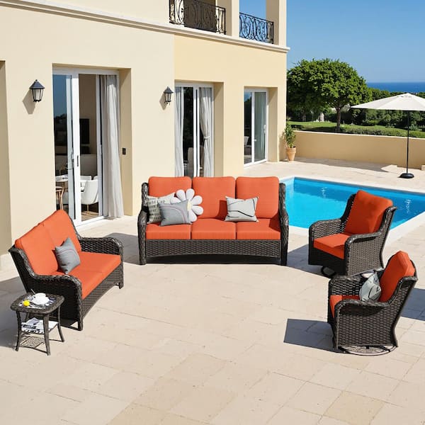 OVIOS Mercury Brown 5-Piece Wicker Patio Conversation Seating Set with Orange Red Cushions