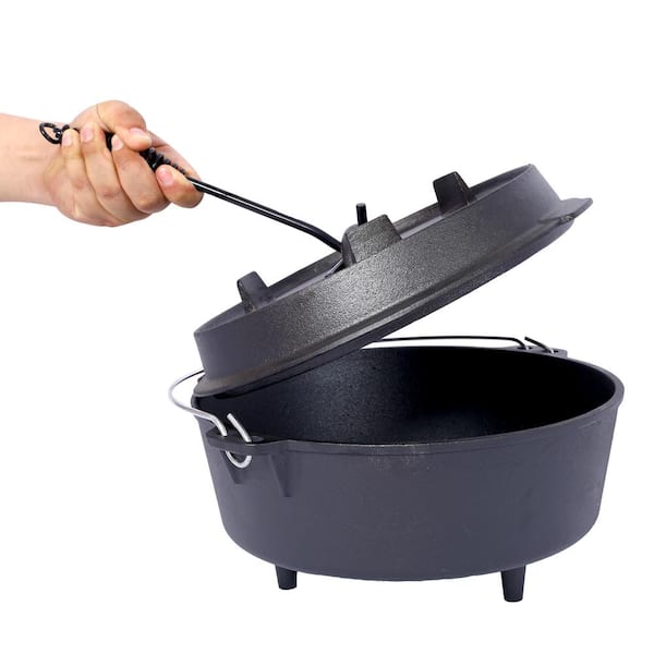 8 qt. Round Pre-Seasoned Cast Iron Dutch Oven in Black with Skillet Lid and Leg Base for Camping Fireplace Cooking BBQ