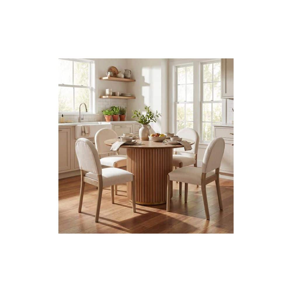 Dominic 5-Piece Beige+Light Ash Wood Top Dining Set with Fabric Upholstered Dining Chairs, Solid Wood Legs, Seats 4