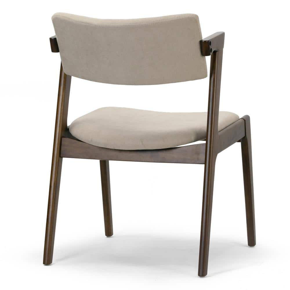 Retro Modern Beige Upholstered Wing Arm Chair in Dark Brown Wood