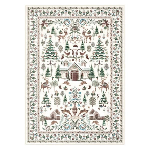 Washable Vintage Christmas Woodland Cabin Pattern Non Slip Beige 6 ft. x 9 ft. Living Room/Bedroom Indoor Area Rug