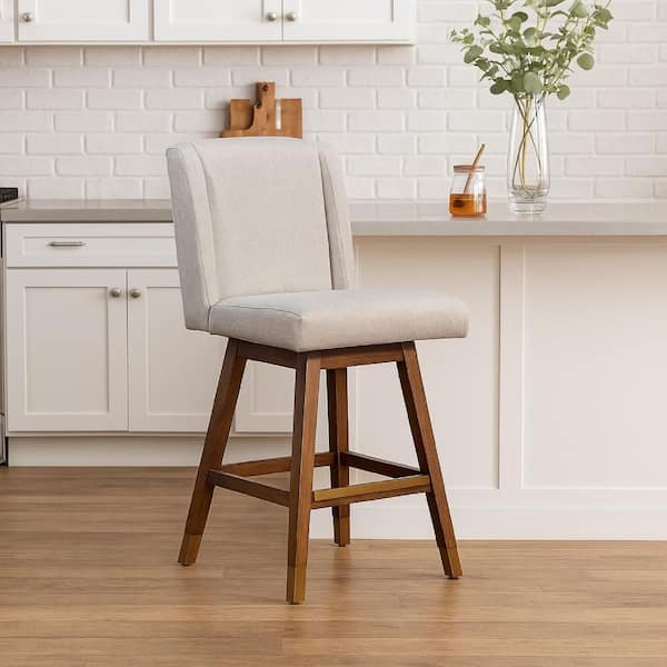 40 in. H Brown, Taupe Gray and Gold High Back Wood Bar Stool with Polyester Seat