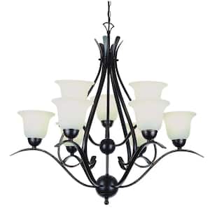 Aspen 9-Light Oil Rubbed Bronze Tiered Chandelier Light Fixture with Marbleized Glass Shades