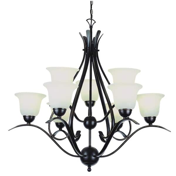 Bel Air Lighting Aspen 9-Light Oil Rubbed Bronze Tiered Chandelier Light Fixture with Marbleized Glass Shades