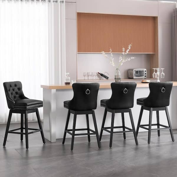 Hochwertiges 29 in. Black Faux Leather Upholstered Solid Wood Frame Bar Height Swivel Bar Stool (Set of 4)