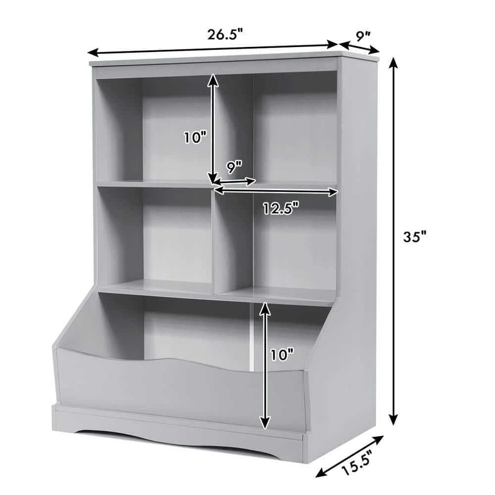 3-Shelf Kids Grey Wooden Multi-Functional Bookcase Floor Toy Storage Display - thumbnail 3