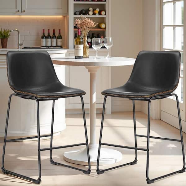 WONDER COMFORT Black Faux Leather 26 in. Counter Height Bar Stools Set of 2 with Back and Metal Leg for Kitchen Island