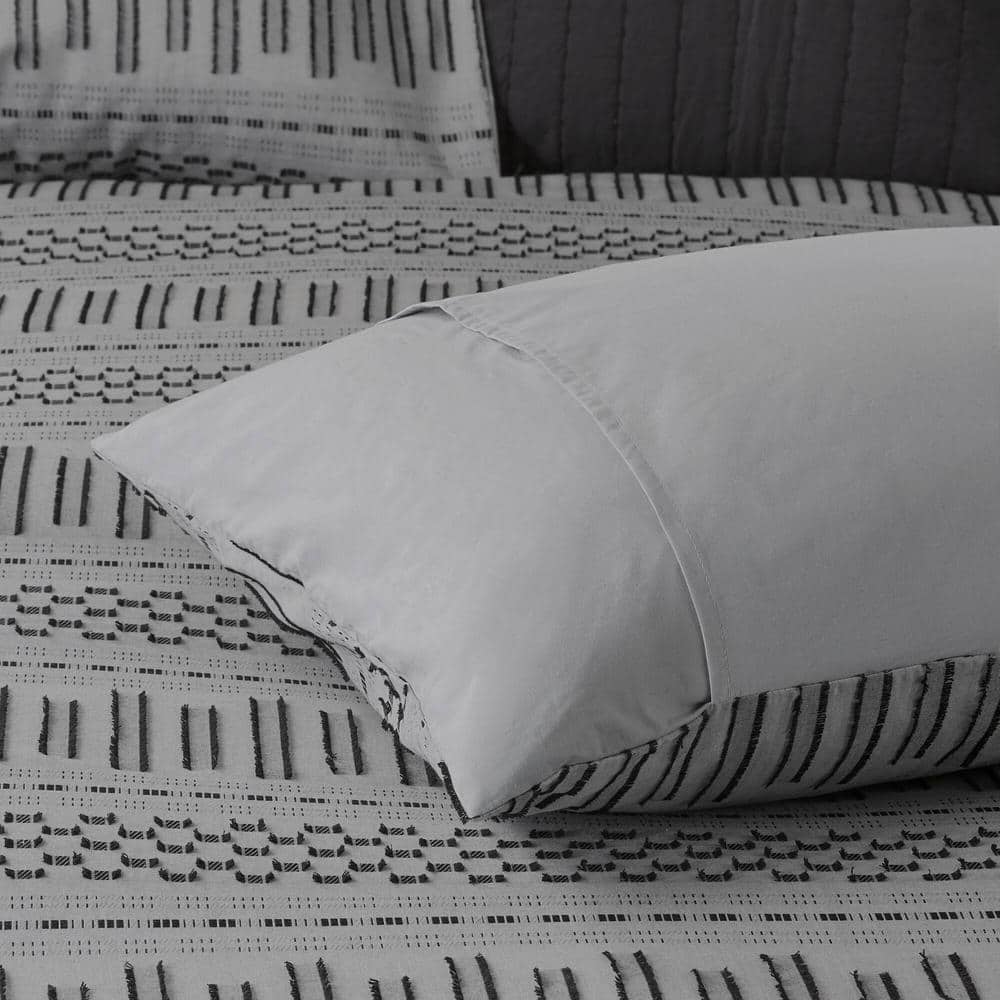 Full/Queen Gray Cotton Jacquard Duvet Cover Set with Textured Accents