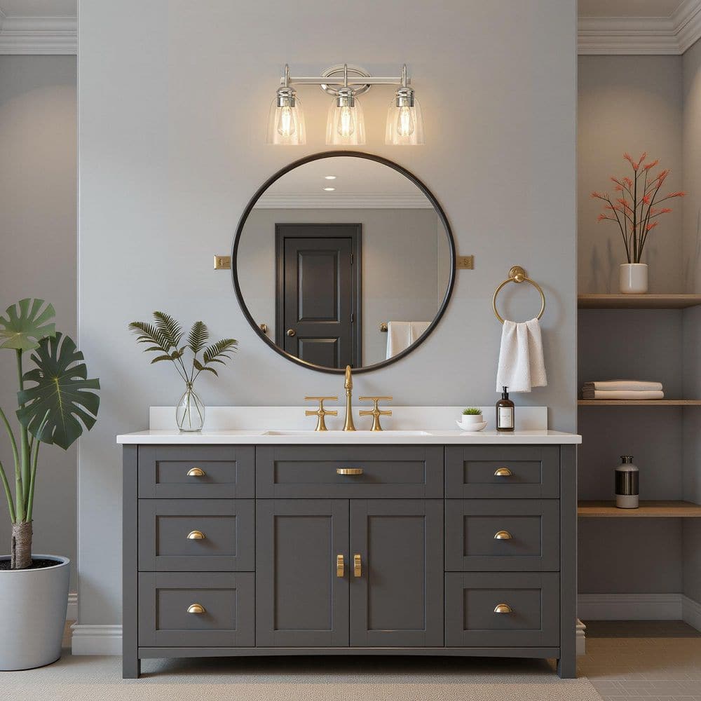 19 in. Industrial 3-Light Nickel Farmhouse Vanity Light with Glass Shades for Bathroom price history on PriceWatchPro