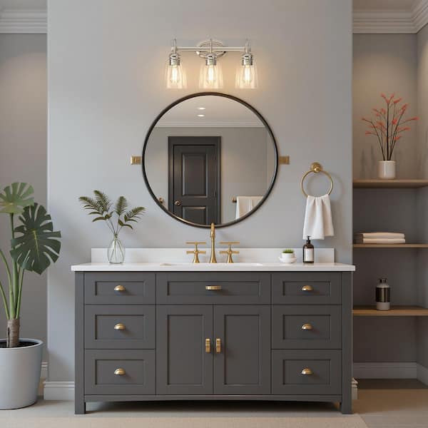 19 in. Industrial 3-Light Nickel Farmhouse Vanity Light with Glass Shades for Bathroom