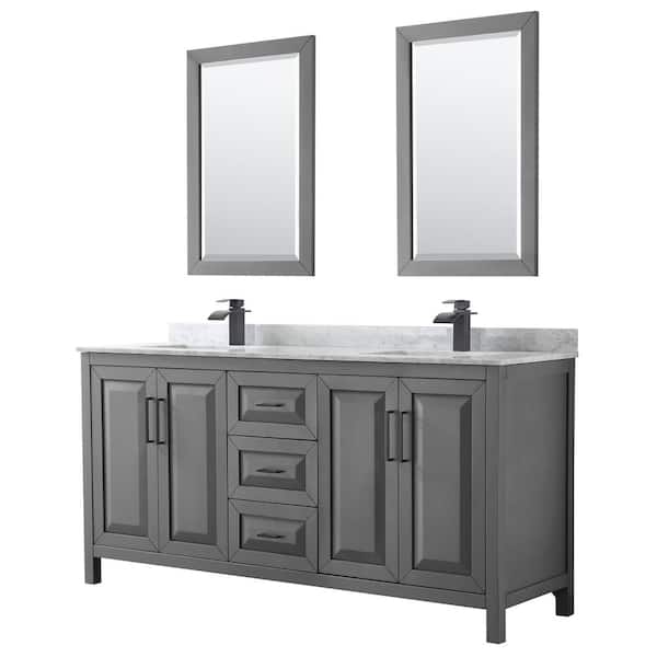 Wyndham Collection Daria 72 in. W x 22 in. D x 35.75 in. H Double Bath Vanity in Dark Gray with White Carrara Marble Top and 24 in. Mirrors