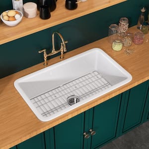 32 in. Drop-In/Undermount Rectangular White Single Bowl Center Drain Fireclay Farmhouse Kitchen Sink Accessories