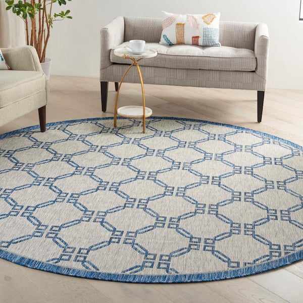Garden Party Ivory Blue 8 ft. x 8 ft. Round Trellis Transitional Indoor/Outdoor Patio Area Rug