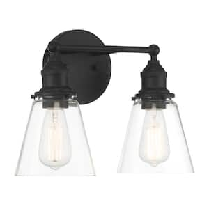 Barwell 15-in. 2-Light Coal Black Vanity Bath Light with Clear Glass Shades