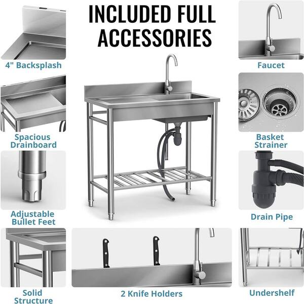 UKISHIRO 19.6 in. D x 39.3 in. W 7.8 gal. Freestanding Laundry/Utility Sink in Stainless Steel with Faucet